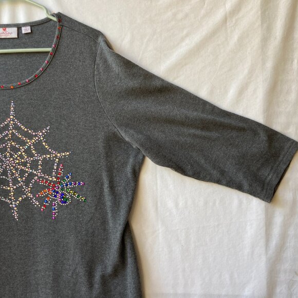 Quacker Factory Womens Shirt Spider Web Size Large Gray Grey Jersey Rhinestones - Picture 5 of 16